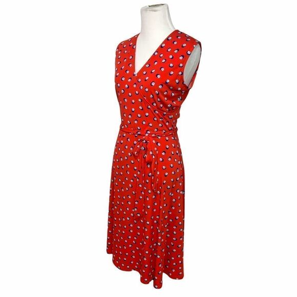 Leota Red Faux Wrap Jersey Dress w/ Blue Polka Dots Size Medium (J6) - Picture 2 of 9